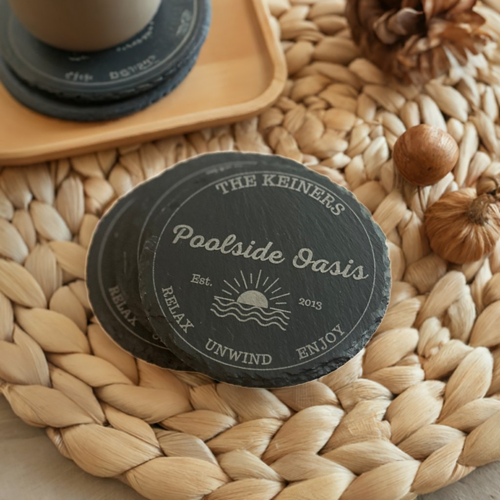 Poolside Coaster Set | Round Slate | Personalized - Seeds & Sawdust