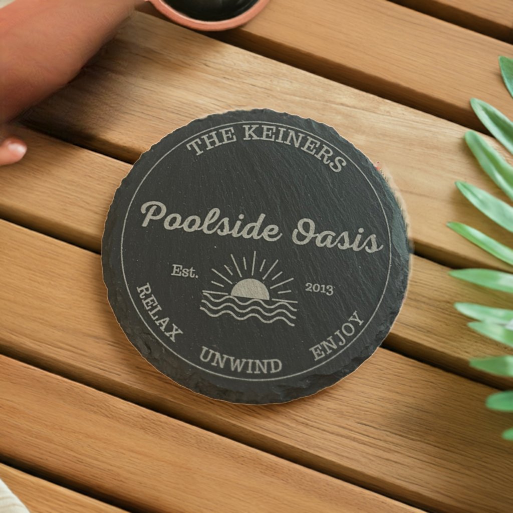 Poolside Coaster Set | Round Slate | Personalized - Seeds & Sawdust