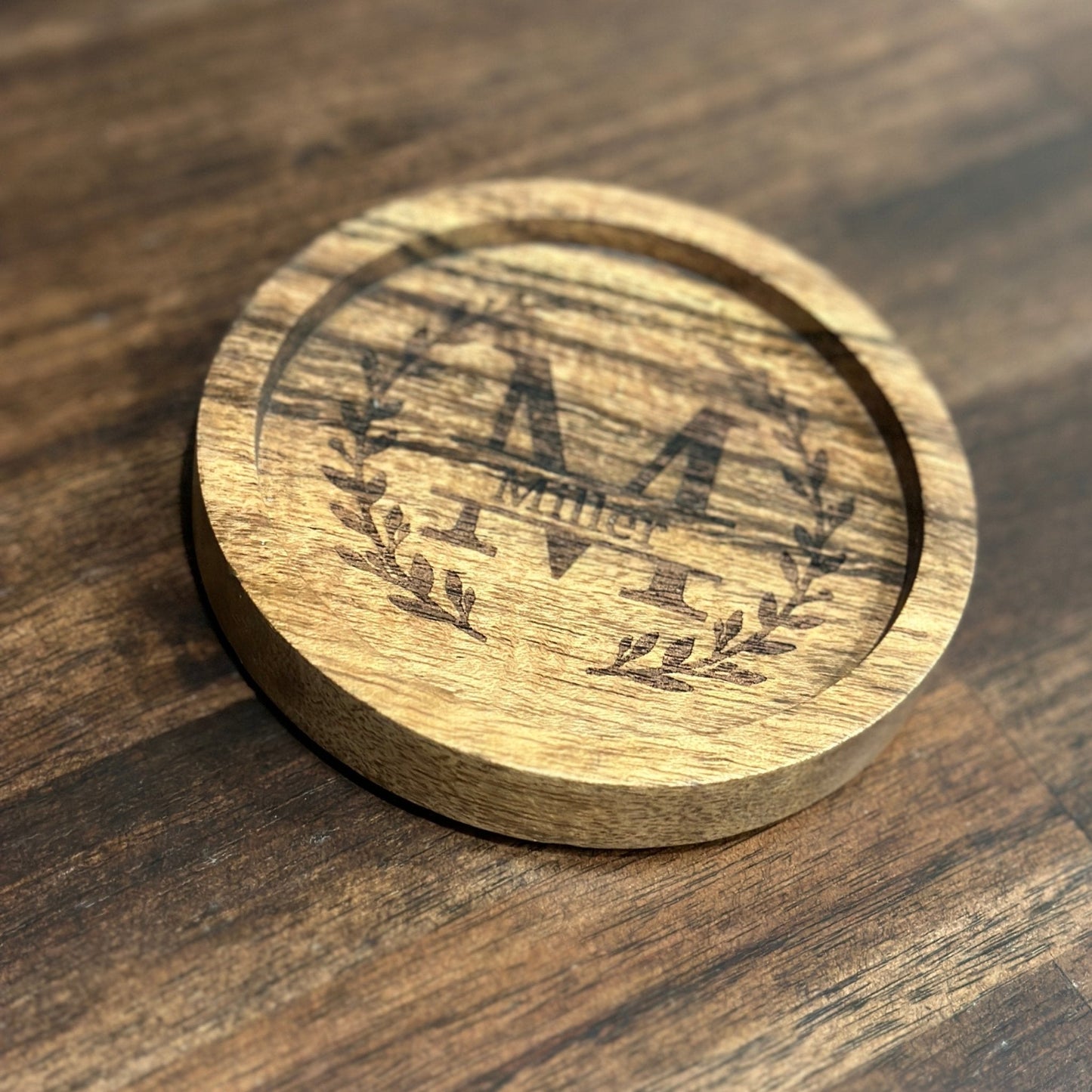 Round Monogram Wood Coaster | Acacia Wood | Personalized - Seeds & Sawdust