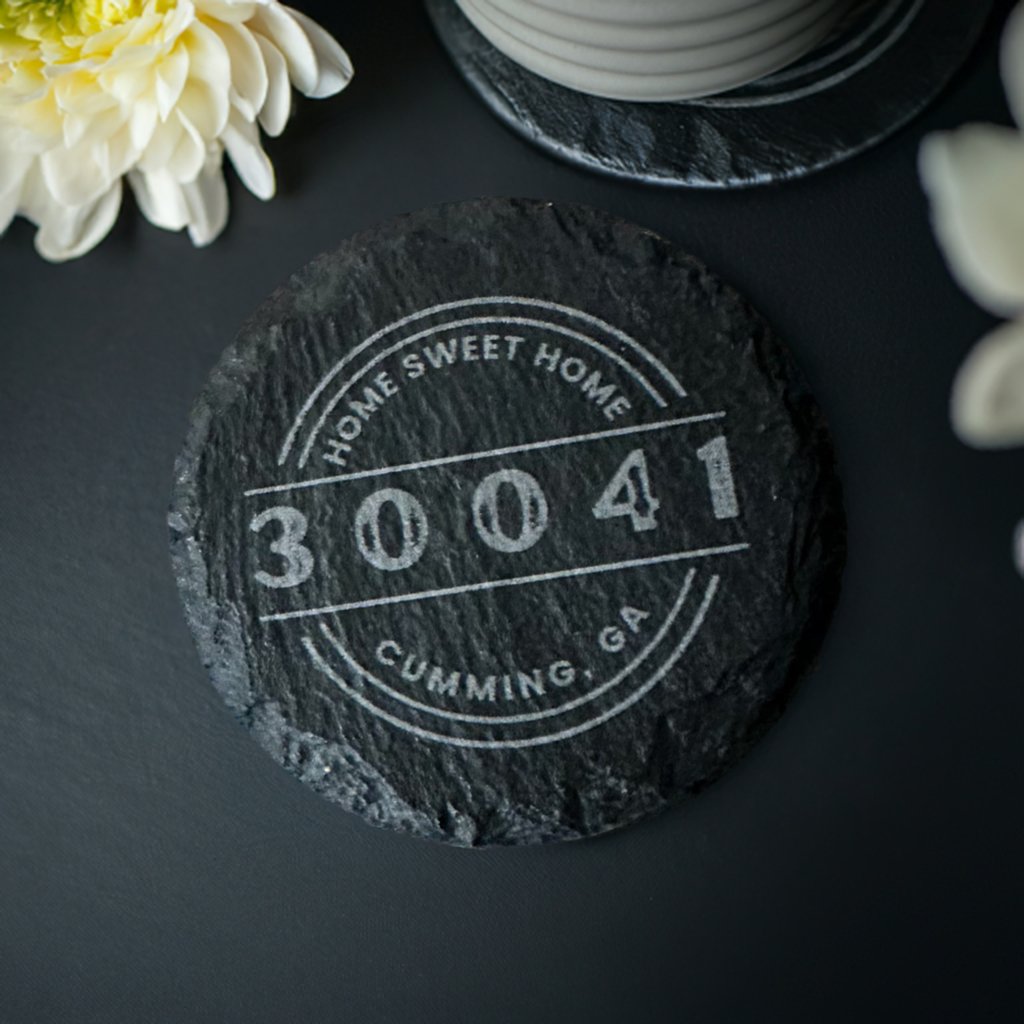 Slate Coaster Set | 4 - Piece Set | Round or Square "Home Sweet Home" City & Zip Coaster Set - Seeds & Sawdust