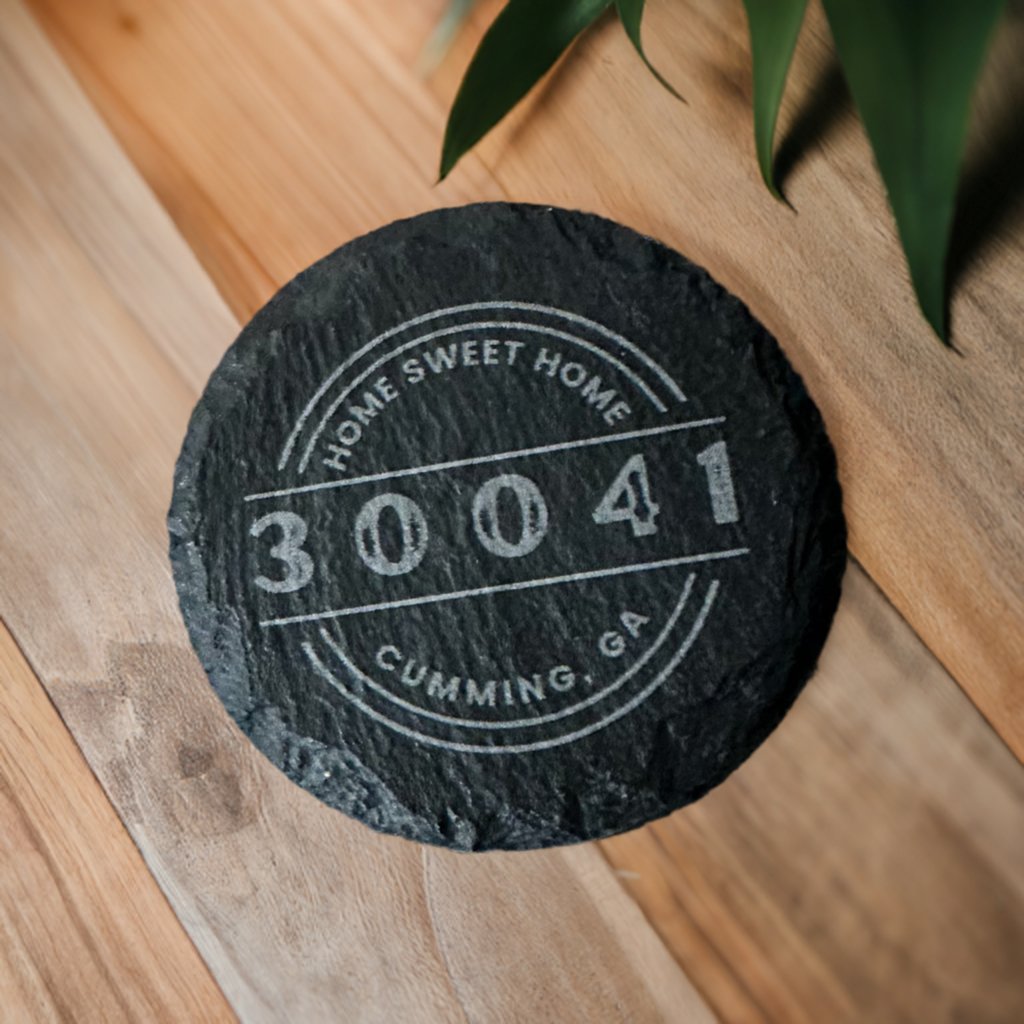 Slate Coaster Set | 4 - Piece Set | Round or Square "Home Sweet Home" City & Zip Coaster Set - Seeds & Sawdust