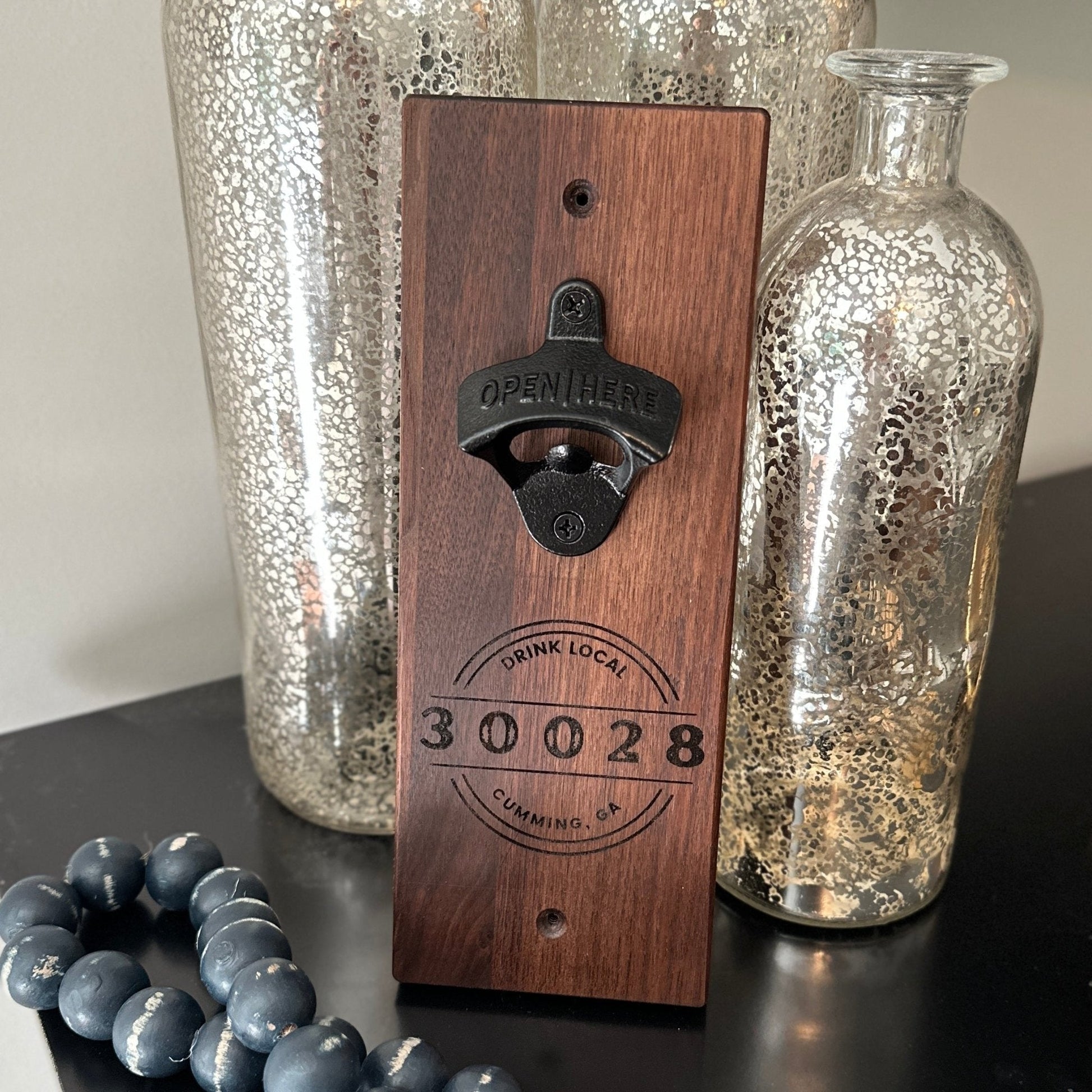 Walnut Bottle Opener | Custom Engraved City & Zip | Drink Local | Bar Decor - Seeds & Sawdust