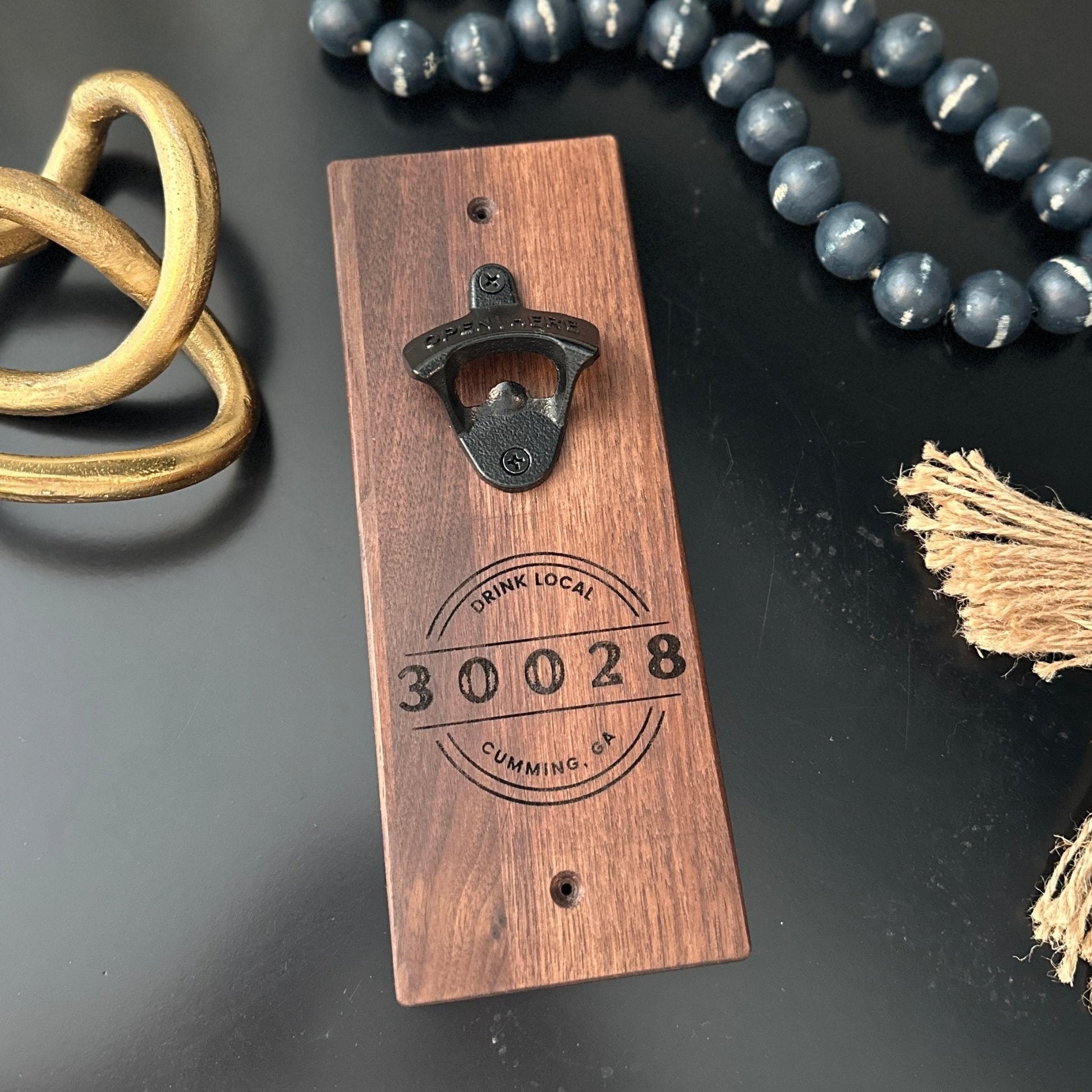 Walnut Bottle Opener | Custom Engraved City & Zip | Drink Local | Bar Decor - Seeds & Sawdust