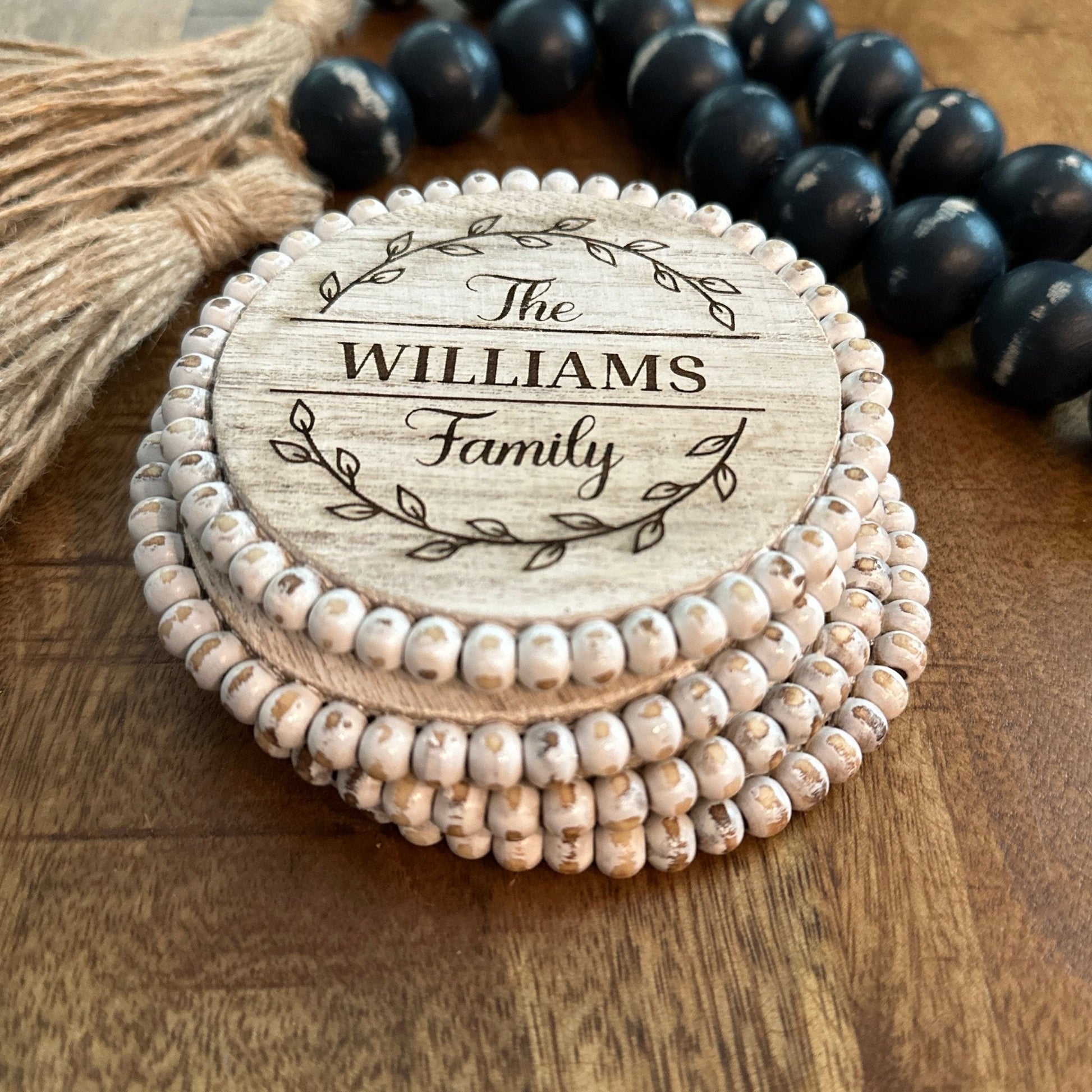 White Monogram Farmhouse Coaster Set | 4 or 6 Piece Rustic Beaded Coaster - Seeds & Sawdust