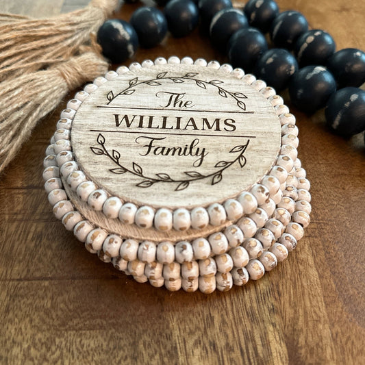 White Monogram Farmhouse Coaster Set | 4 or 6 Piece Rustic Beaded Coaster - Seeds & Sawdust