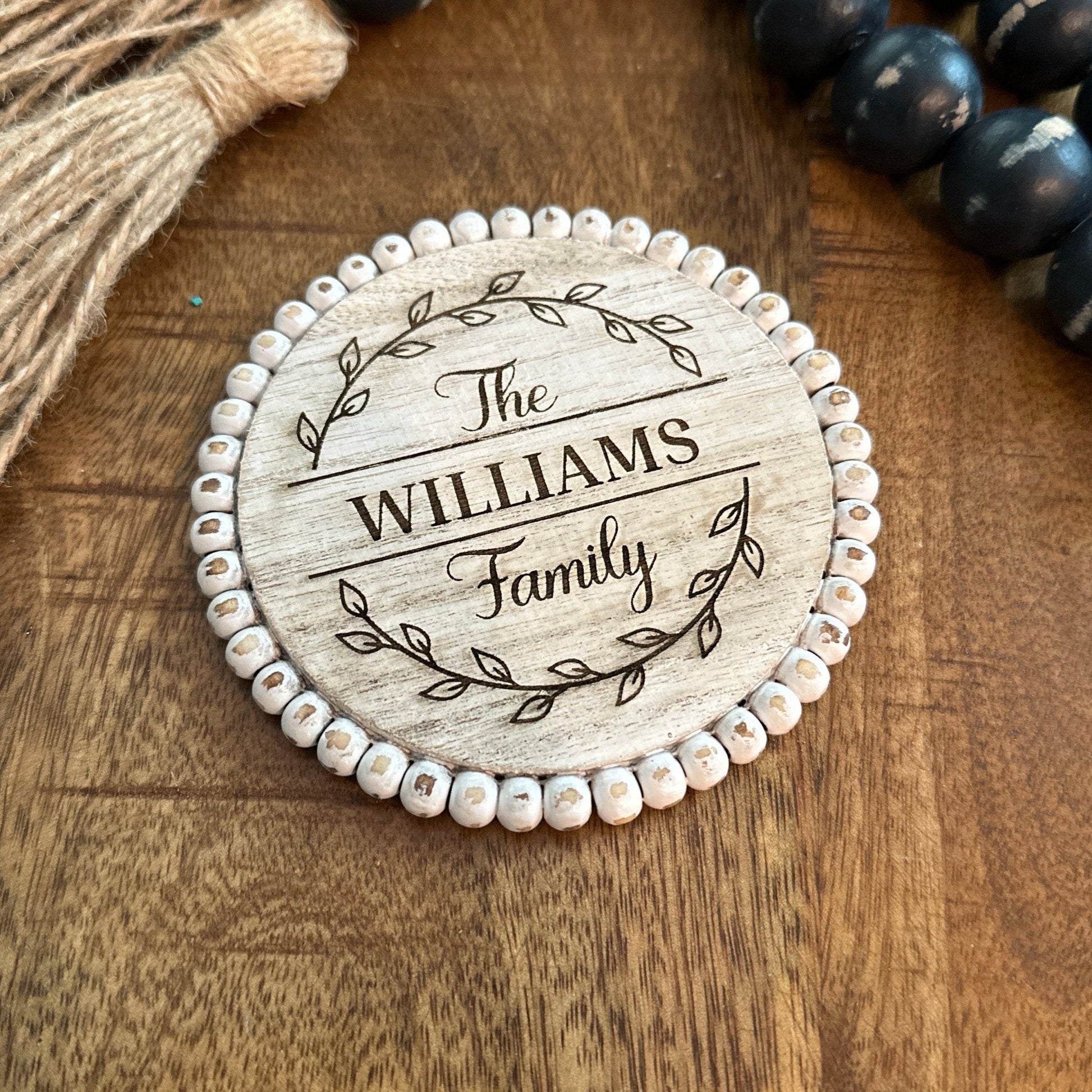 White Monogram Farmhouse Coaster Set | 4 or 6 Piece Rustic Beaded Coaster - Seeds & Sawdust