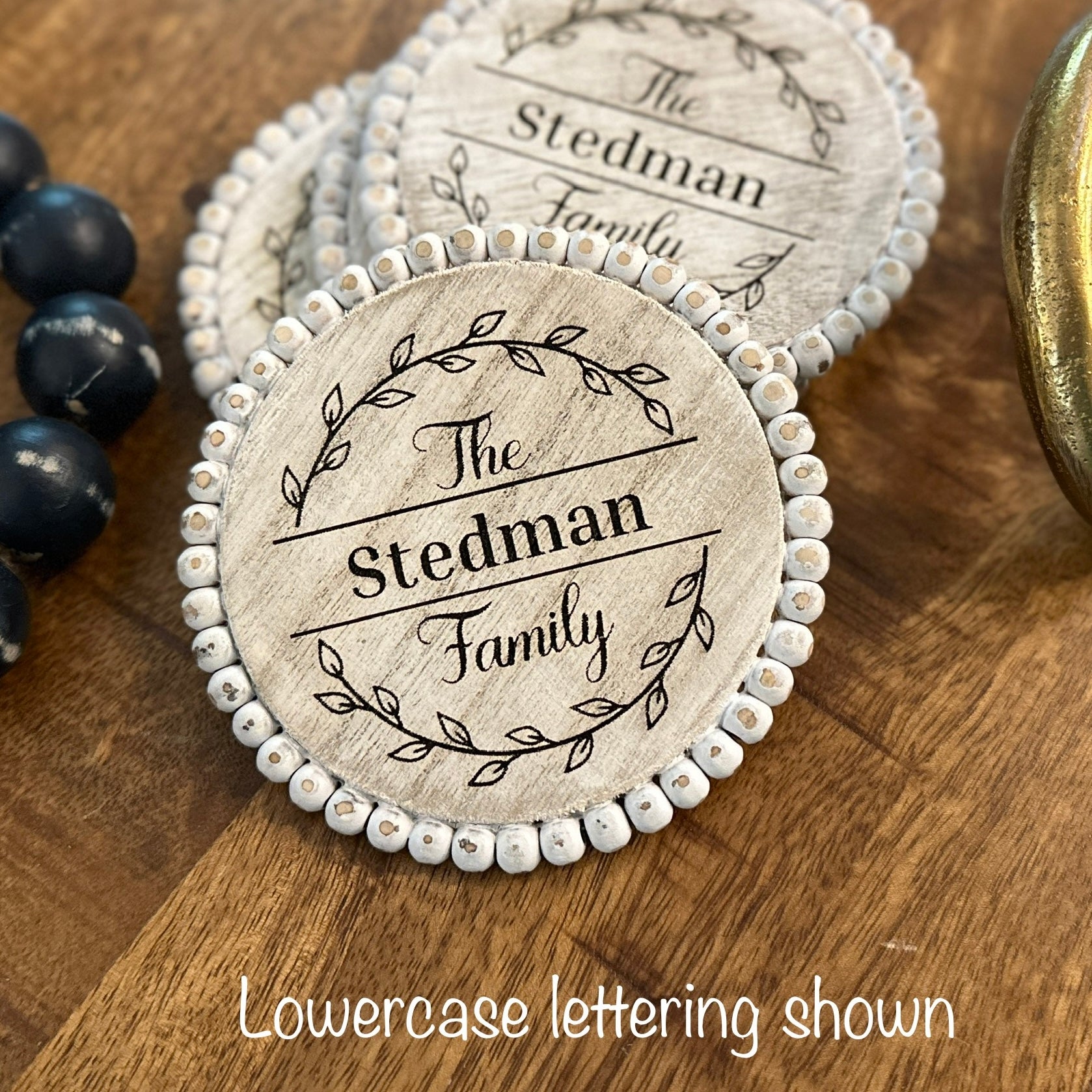 White Monogram Farmhouse Coaster Set | 4 or 6 Piece Rustic Beaded Coaster - Seeds & Sawdust