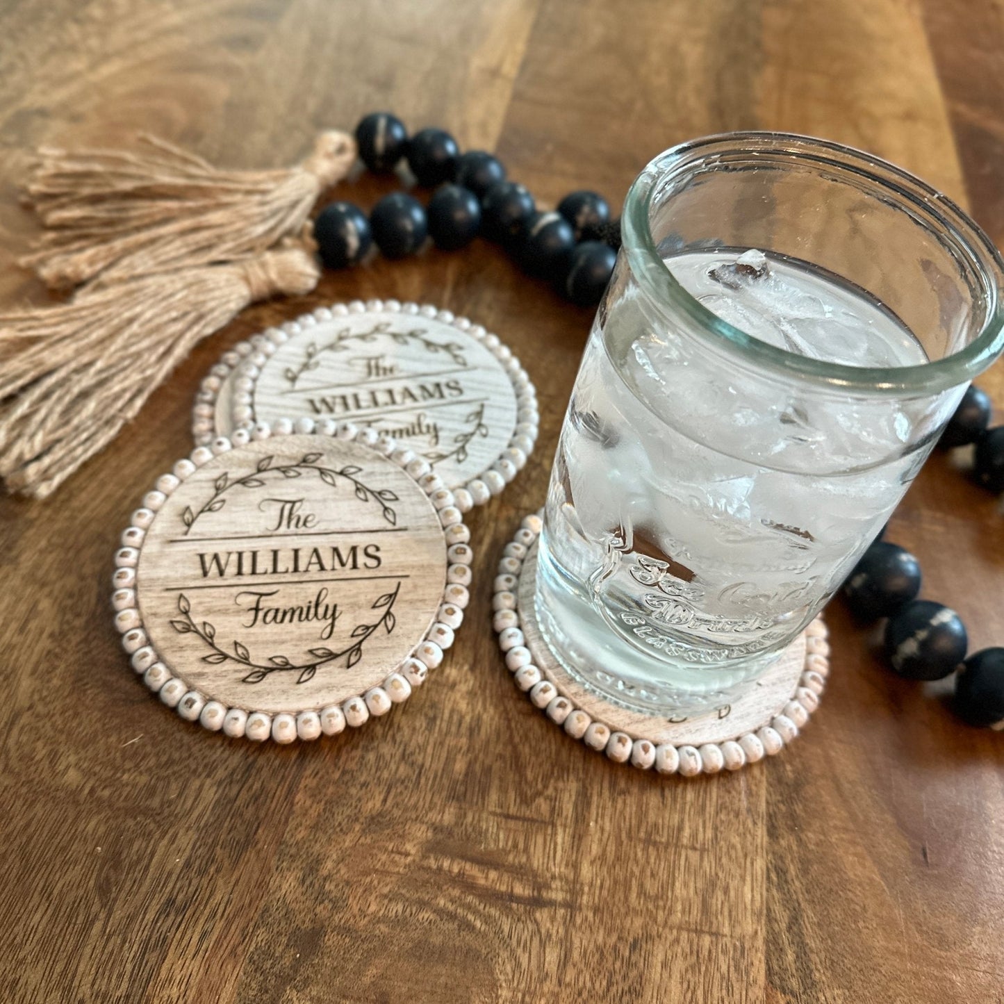 White Monogram Farmhouse Coaster Set | 4 or 6 Piece Rustic Beaded Coaster - Seeds & Sawdust